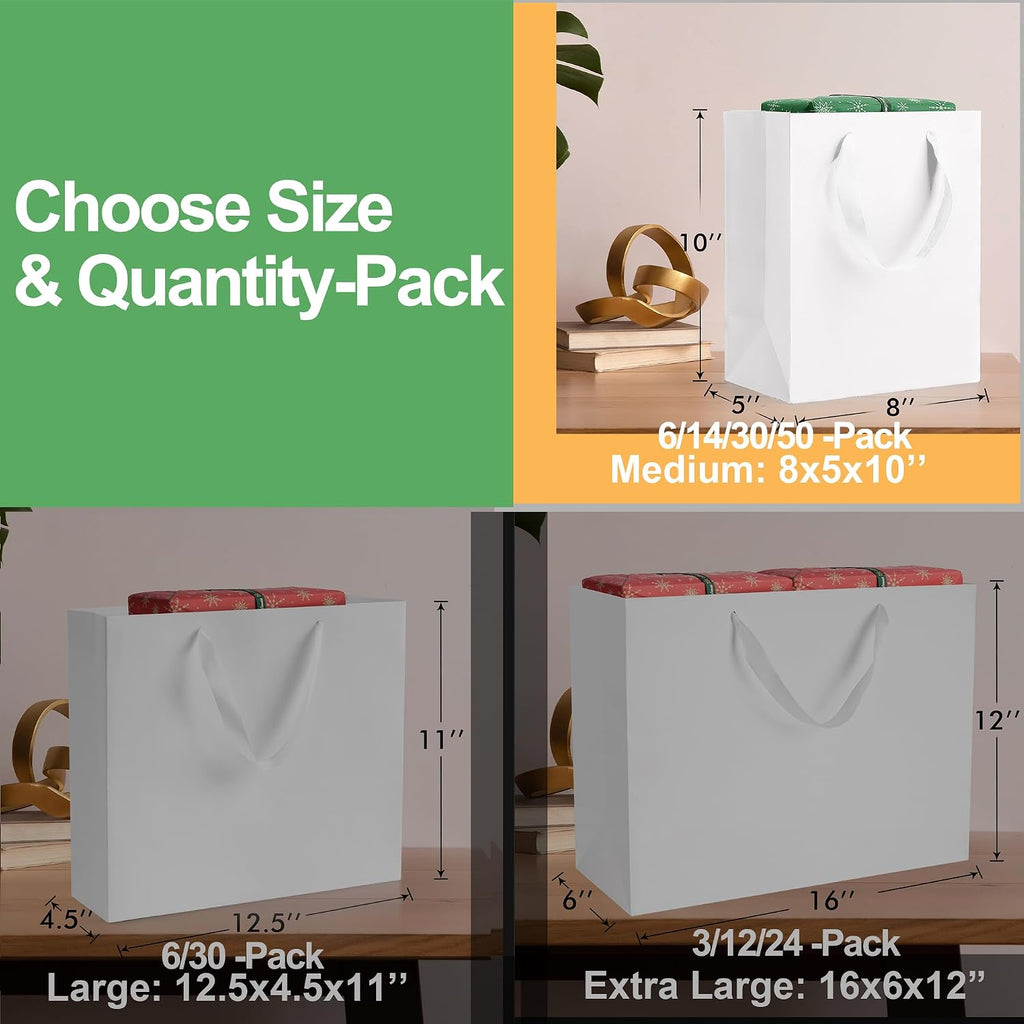 White Gift Bags With Handles: 8x5x10 Inch 30pcs Medium Paper Gags Bulk For Birthday Wedding Party Shopping