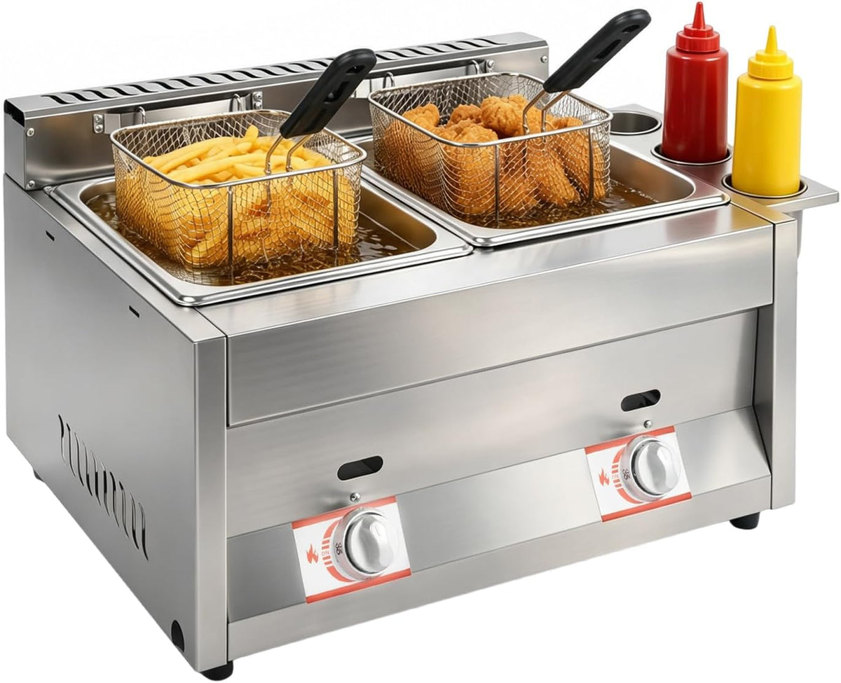Dual 6.34Qt Tanks Countertop Gas Deep Fryer with 2 Baskets
