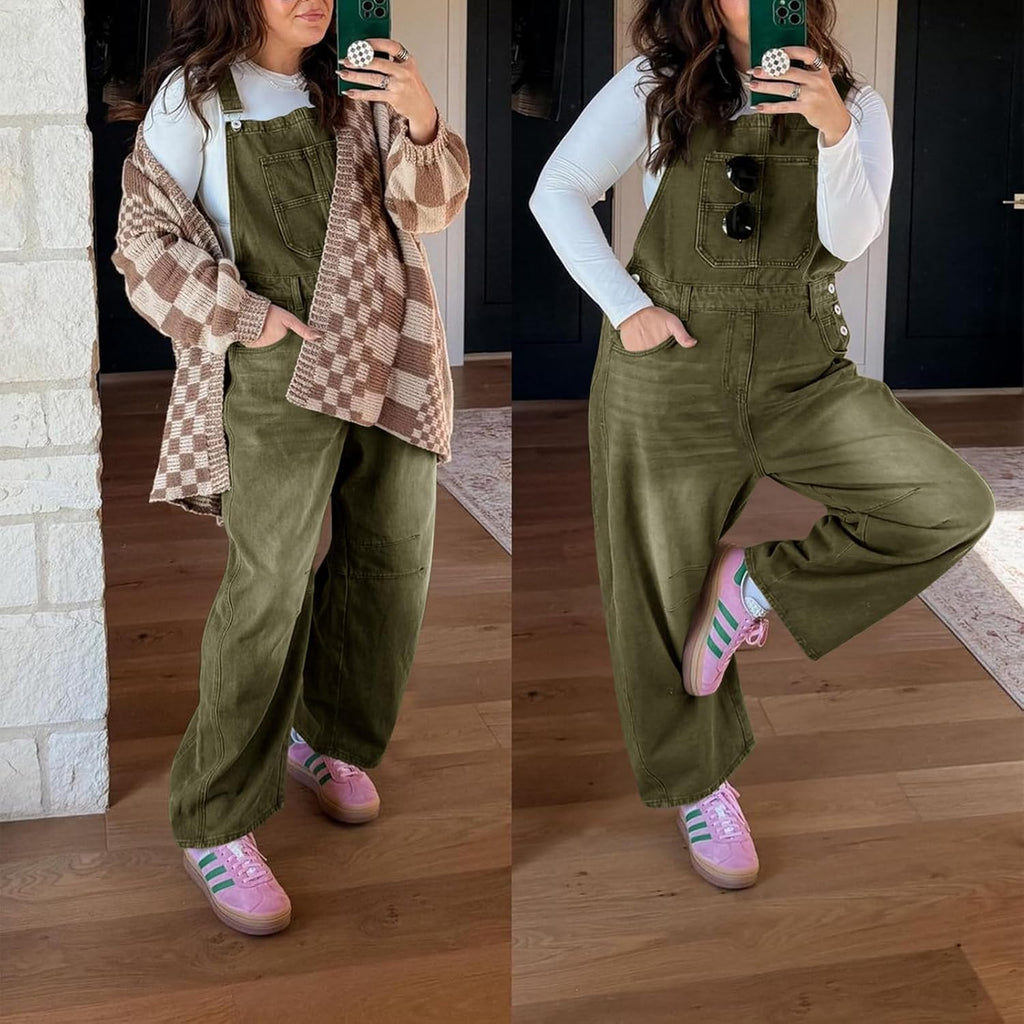 Womens Denim Bib Overalls Barrel Leg Adjustable Strap Jean Jumpsuit