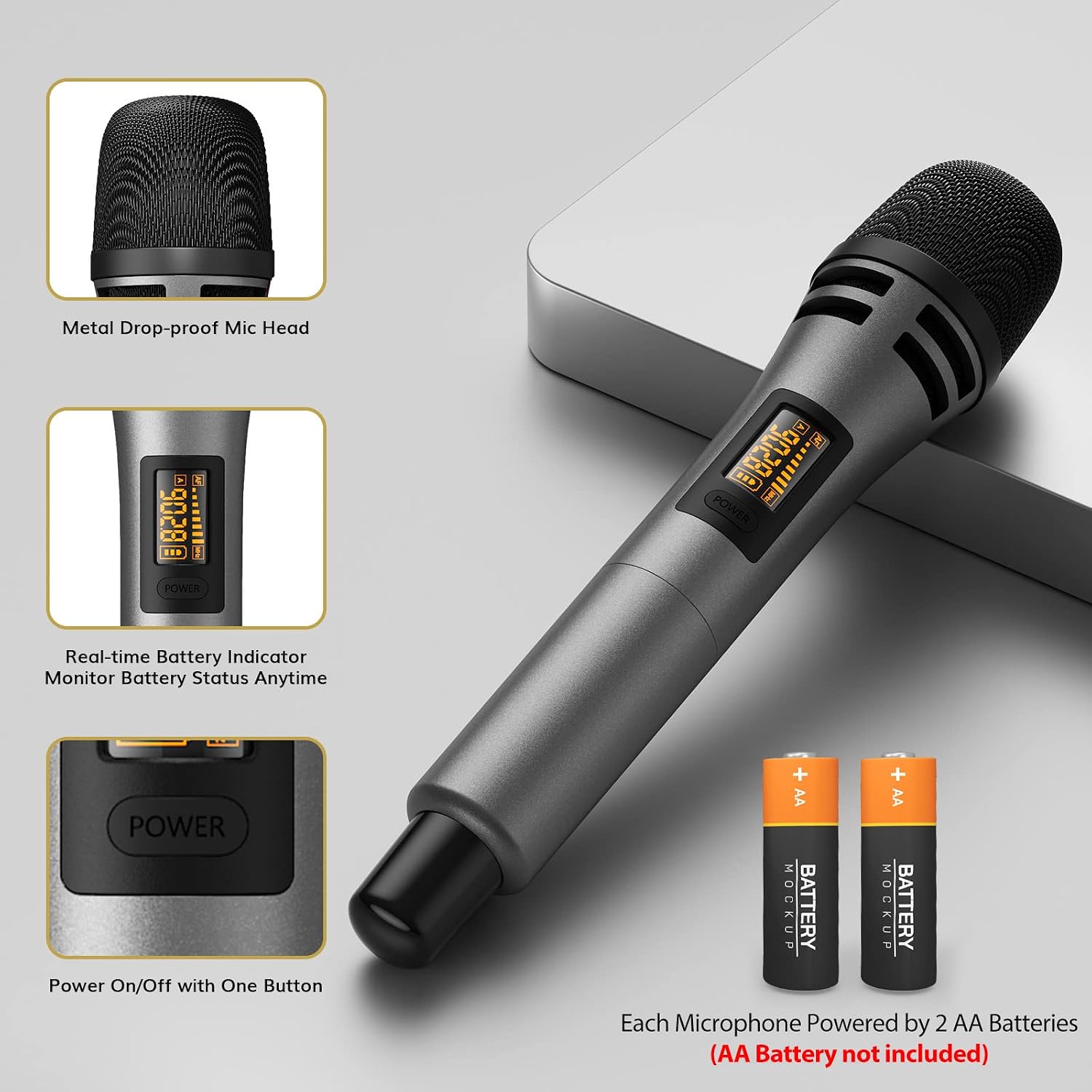 Wireless Microphone, UHF Karaoke Microphone System, Microfonos Inalambricos with Rechargeable Receiver, Cordless