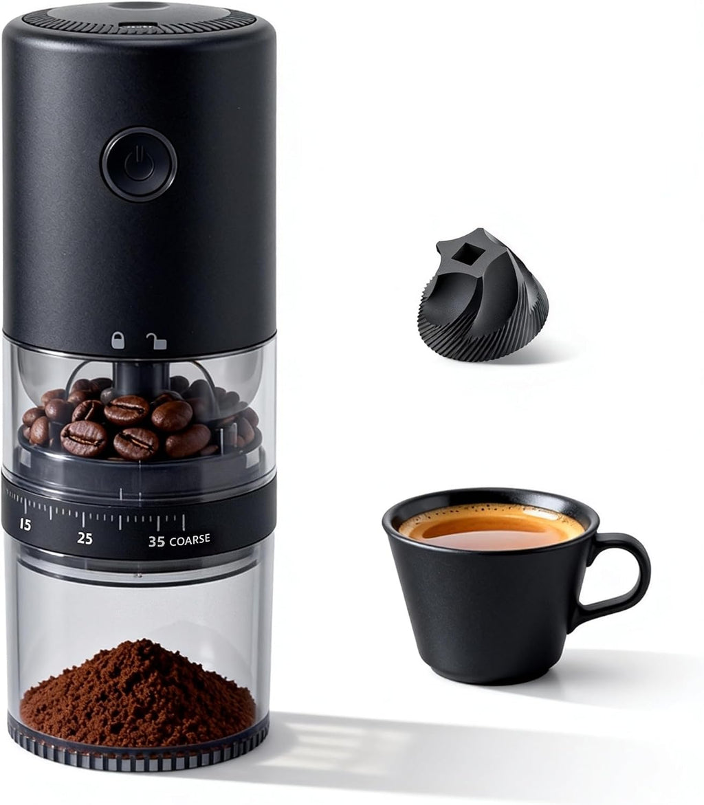 Portable Electric Burr Coffee Grinder - Grind While Charging - Visual Bean Hopper - 38 External Grind Settings - 1.8X
