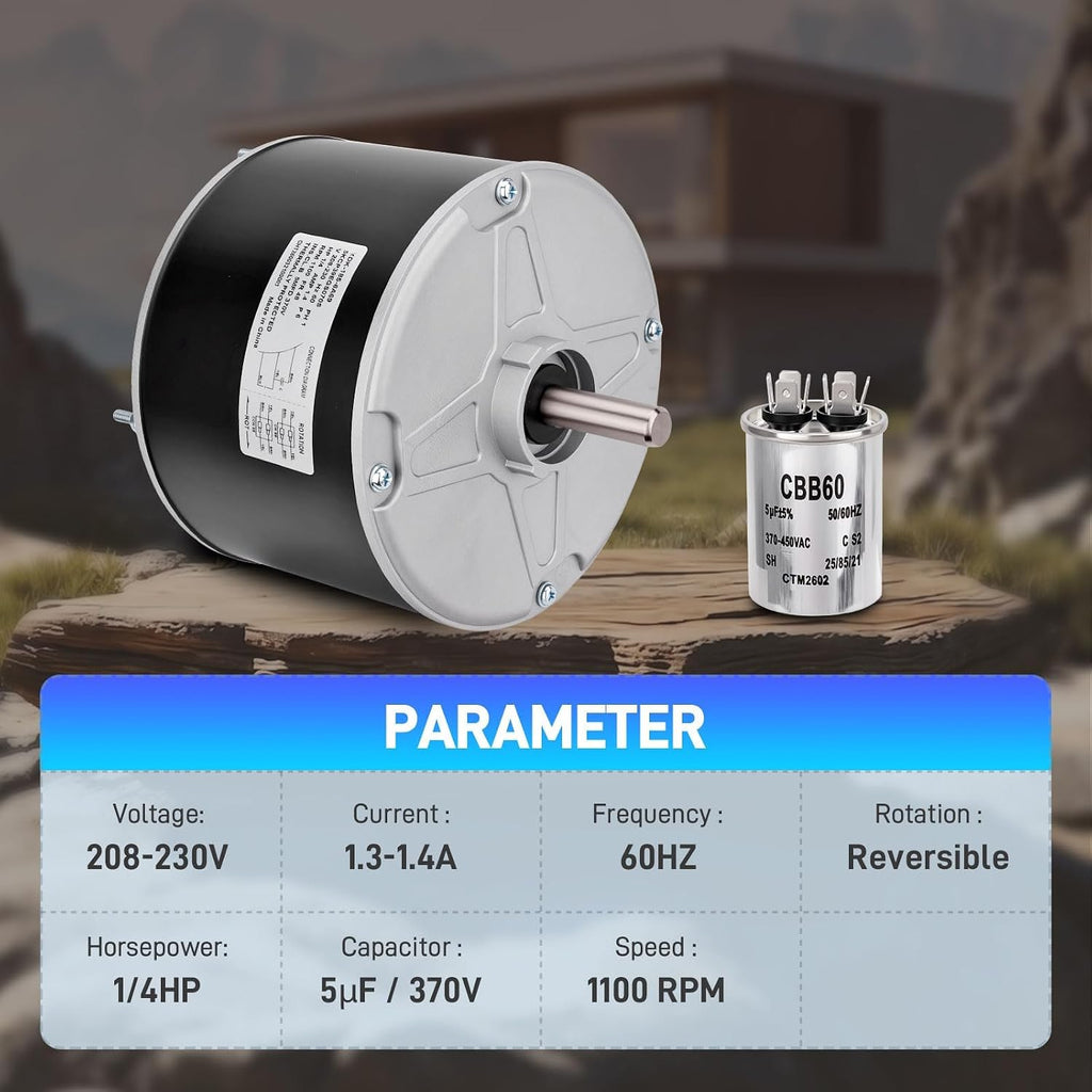 Condenser Fan Motor with Capacitor 208-230V 1/4 Hp 1100 RPM 48Frame | Compatible with Carrier 5KCP39EGS070S