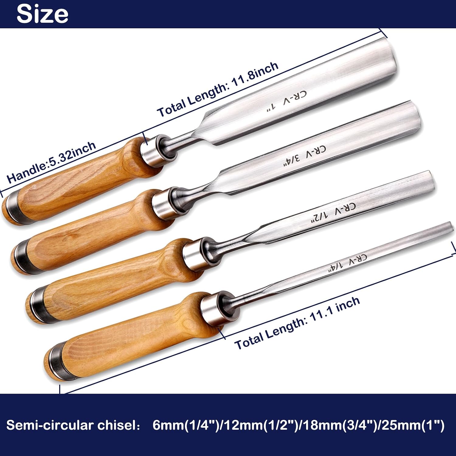 4-Pieces Woodworking Wood Chisel Set,CR-V Steel Sharp Curved Edge Gouge Firm Wood Handle Carpentry Gouge Tools