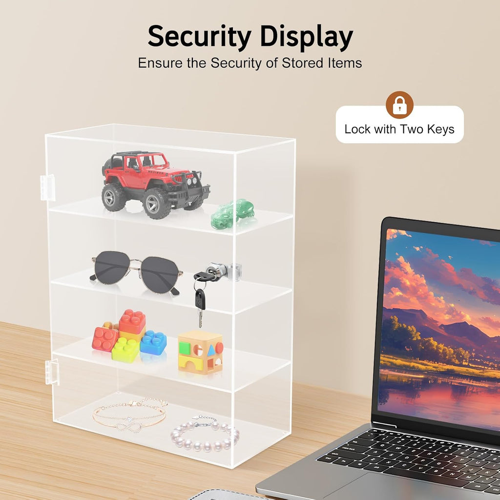 Acrylic Display Case with Lock, 4-Tier Locking Display Cabinet for Collectibles, Clear Countertop Showcase with Key