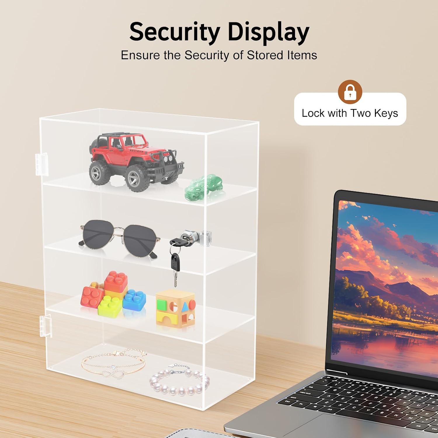 Acrylic Display Case with Lock, 4-Tier Locking Display Cabinet for Collectibles, Clear Countertop Showcase with Key