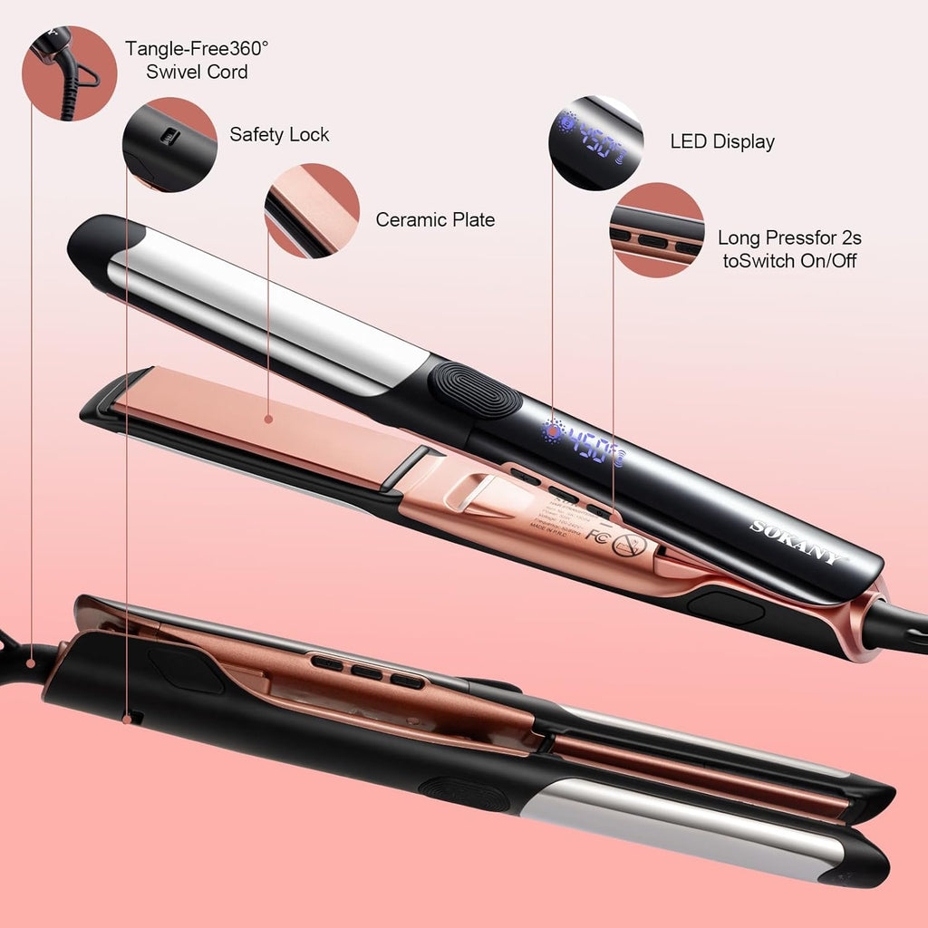 Hair Straightener and Titanium Flat Iron Curler 2 in 1 | 1 Inch Ceramic 3D Floating Panel,Dual Voltage,450°F Rapid