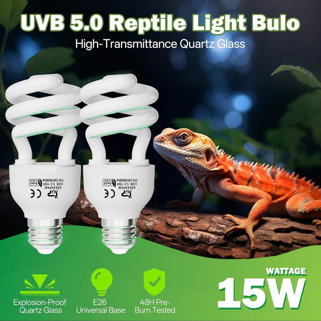 Reptile UVB Bulb 5.0 15W, Compact Fluorescent Light E26 Base, 2PCS