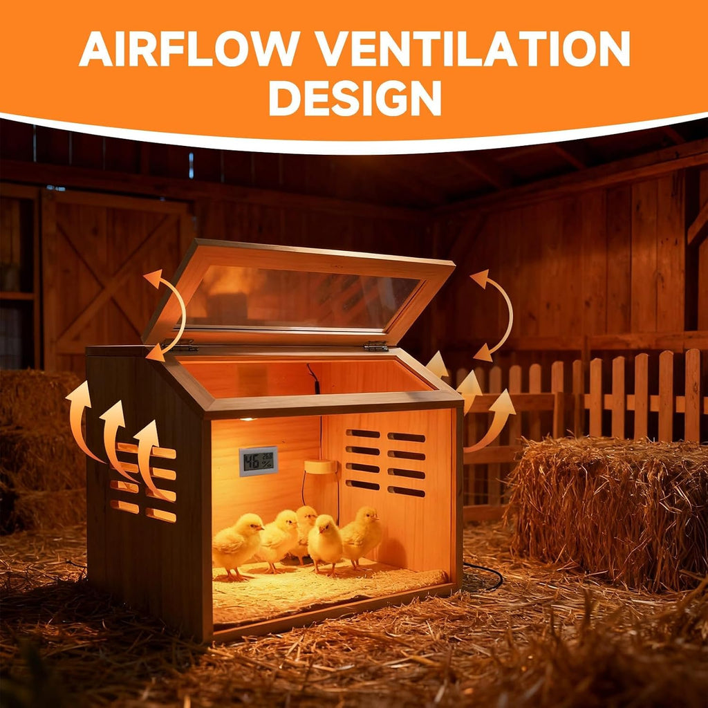 Wooden Chick Brooder Box with Heat Lamp and Thermometer, 15.7 x 12 x 12 in