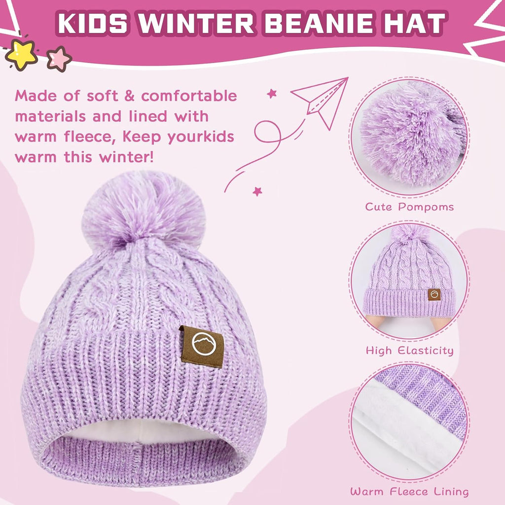 Kids Winter Hat Gloves Scarf Set, Girls Boys Hats Beanie with Pom Children Knit Neck Warmer Mittens Fleece Lined Set