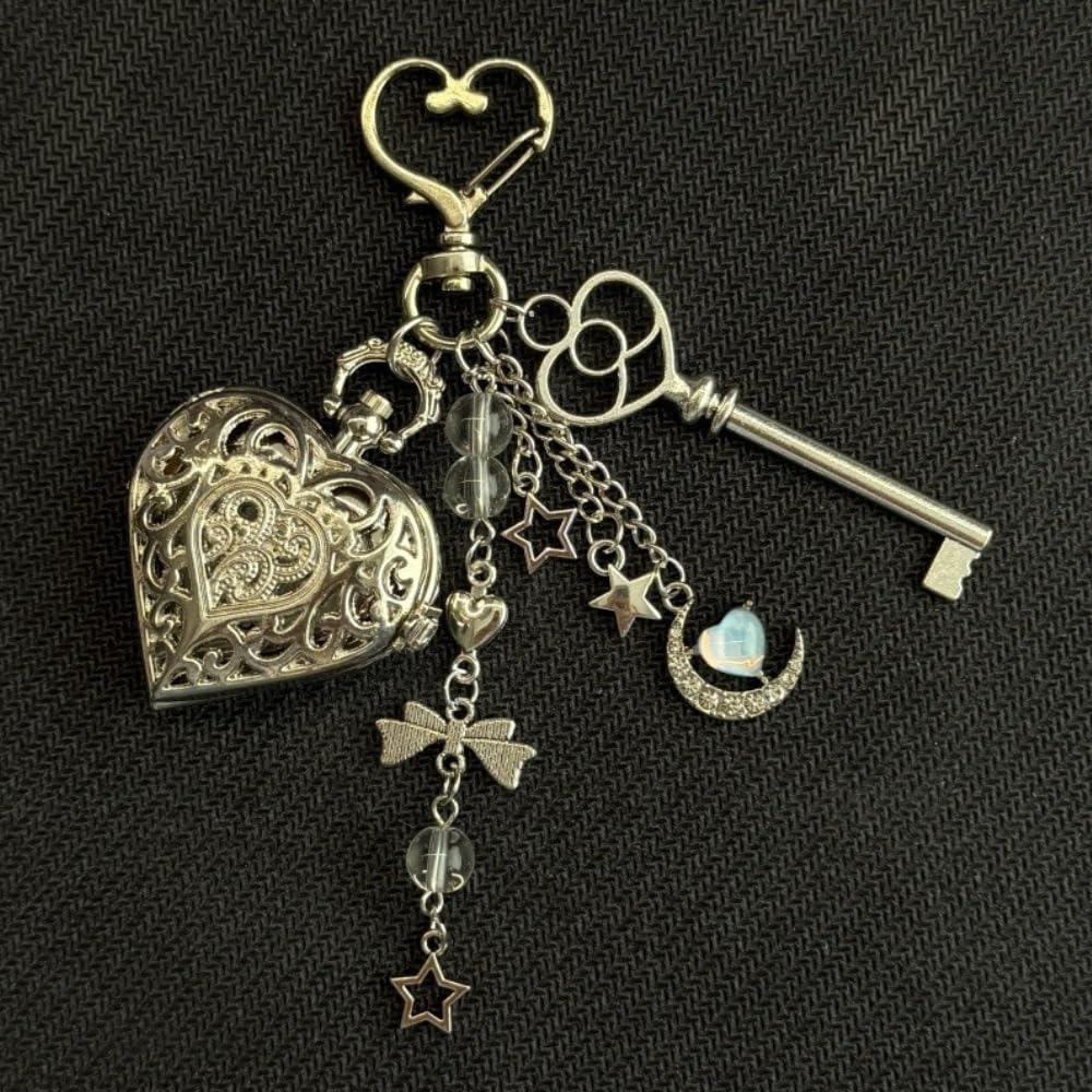 Y2k Pocket Watch Keychain Aesthetic Heart Locket Bag Charms | Moon Star Bow Bag Purse Charms for Handbags Accesories