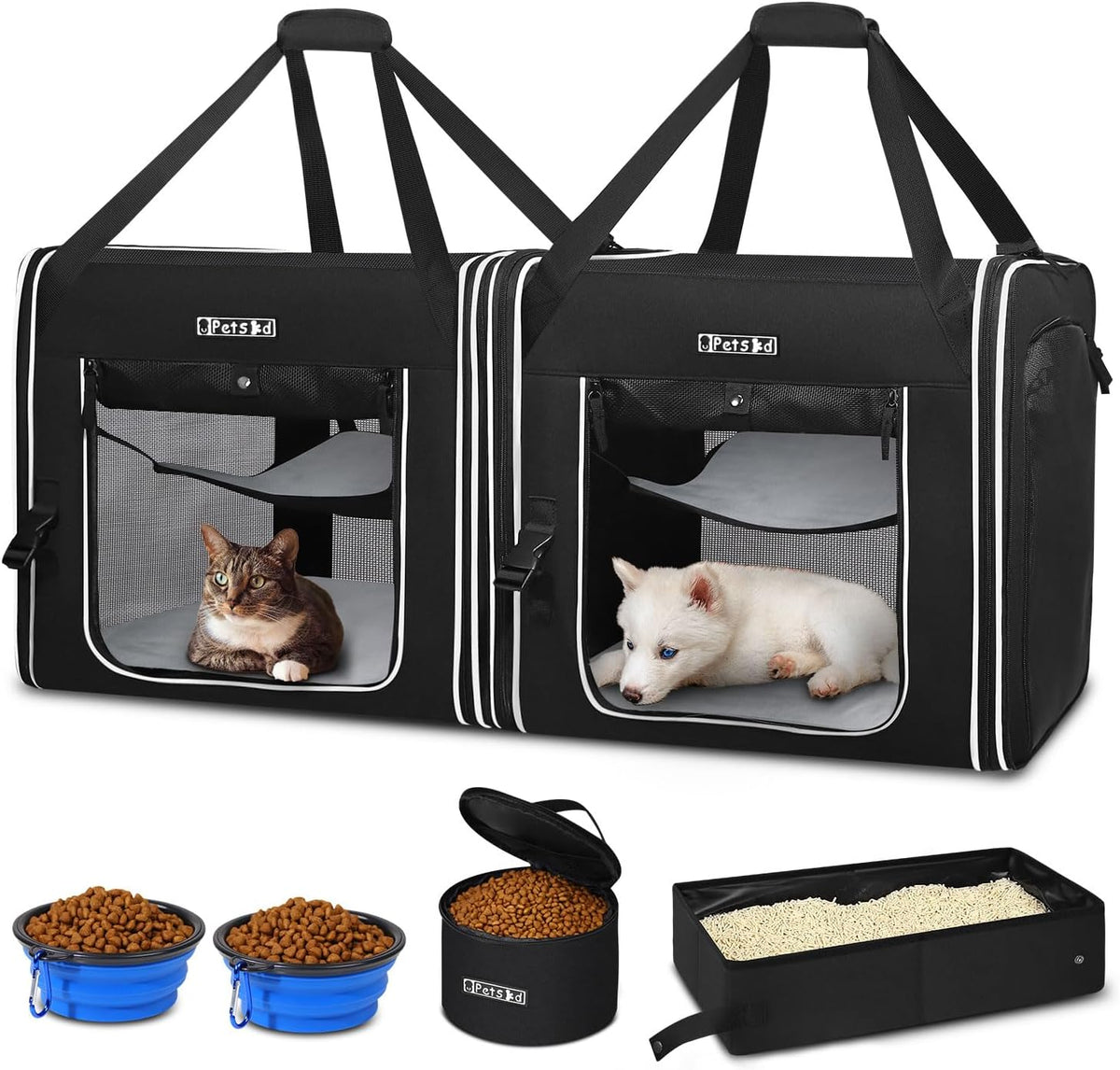 Portable Double Cat Carrier with Litter Box for Multiple Cats