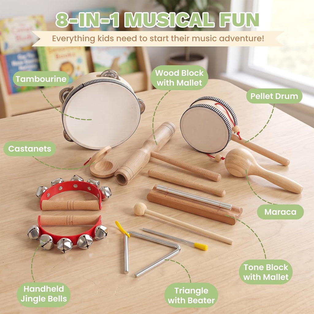 Wooden Musical Instruments Set for Toddlers 1-3, Montessori Baby Toys | Natural Wood Percussion Instruments Xylophone