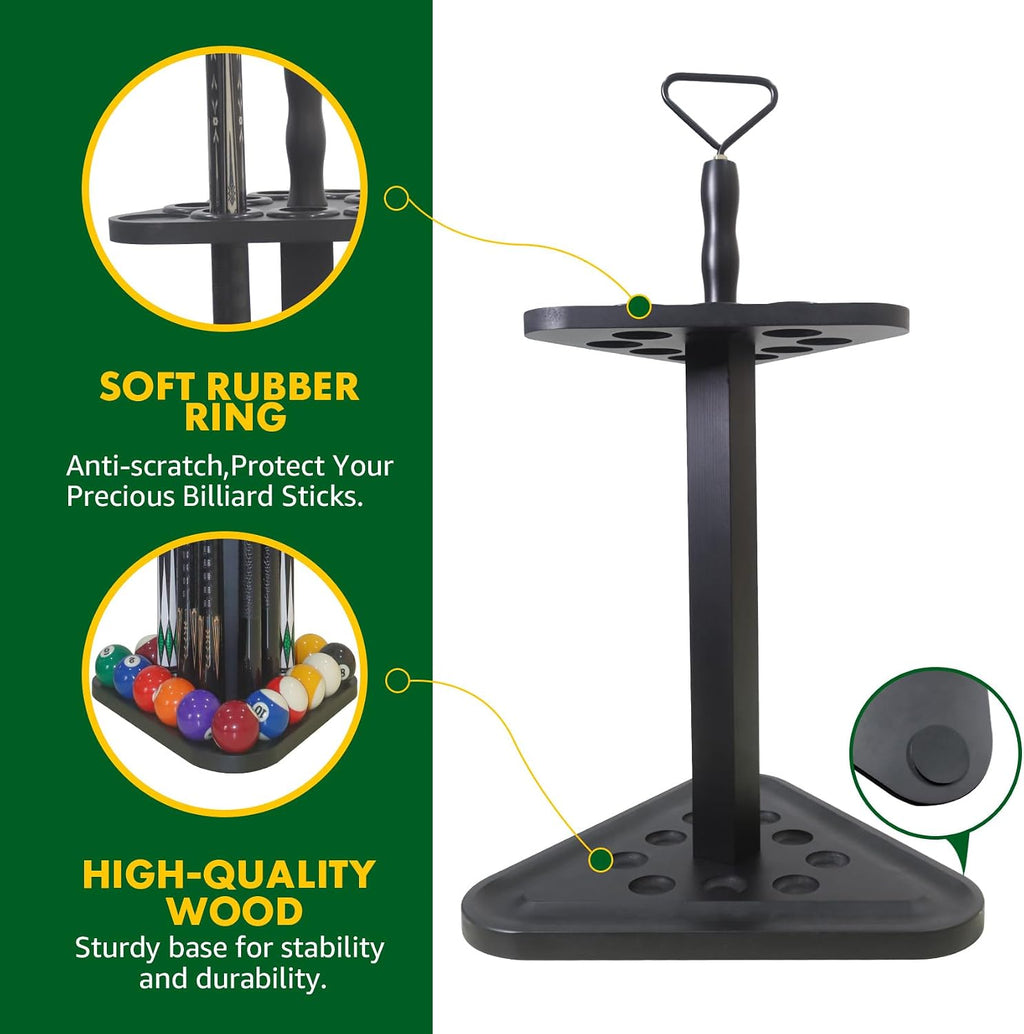 Pool Cue Rack Floor Stand | Wood Billiard Stick Holder & Game Room Organizer | Holds 9 Cues, Full Ball Set &