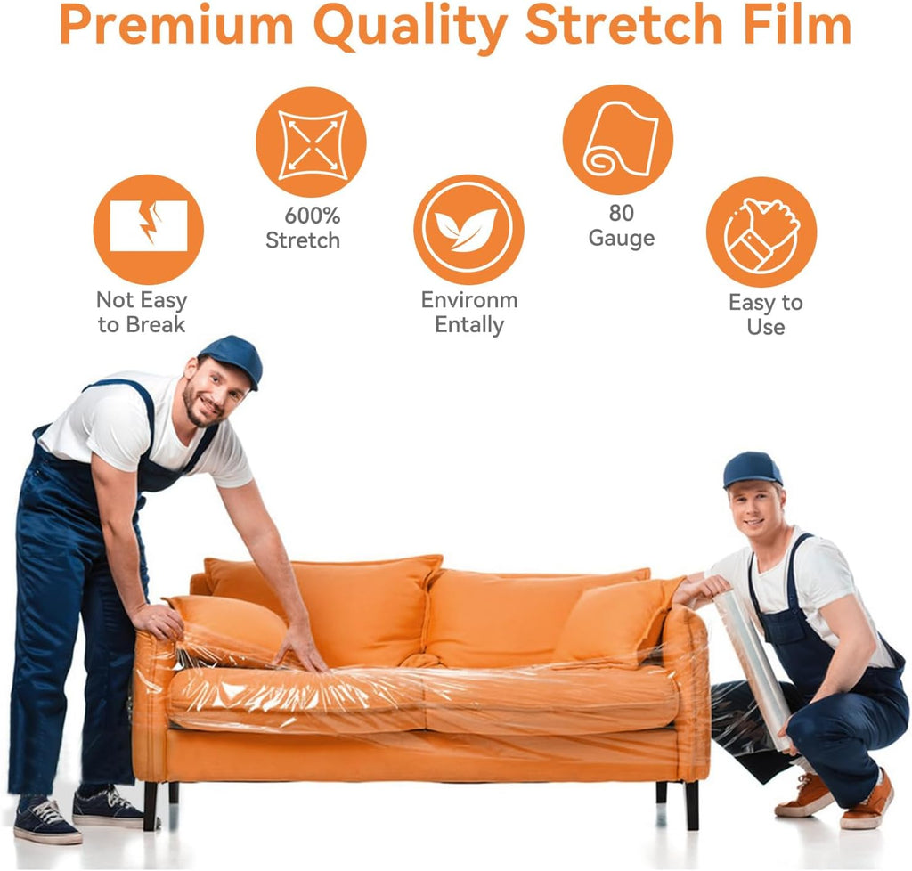 Stretch Film Shrink Wrap Roll for Moving 18" x 1500', 4 Rolls | Industrial Plastic Saran Wrap Roll, 80 Gauge, 600%