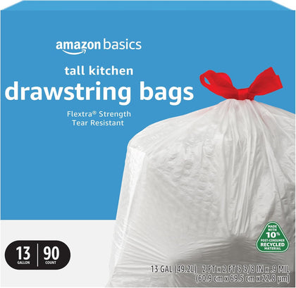 13 Gallon Tall Kitchen Drawstring Trash Bags, Flextra Strength, Tear Resistant, 10% Post Consumer Recycled, 90 Count