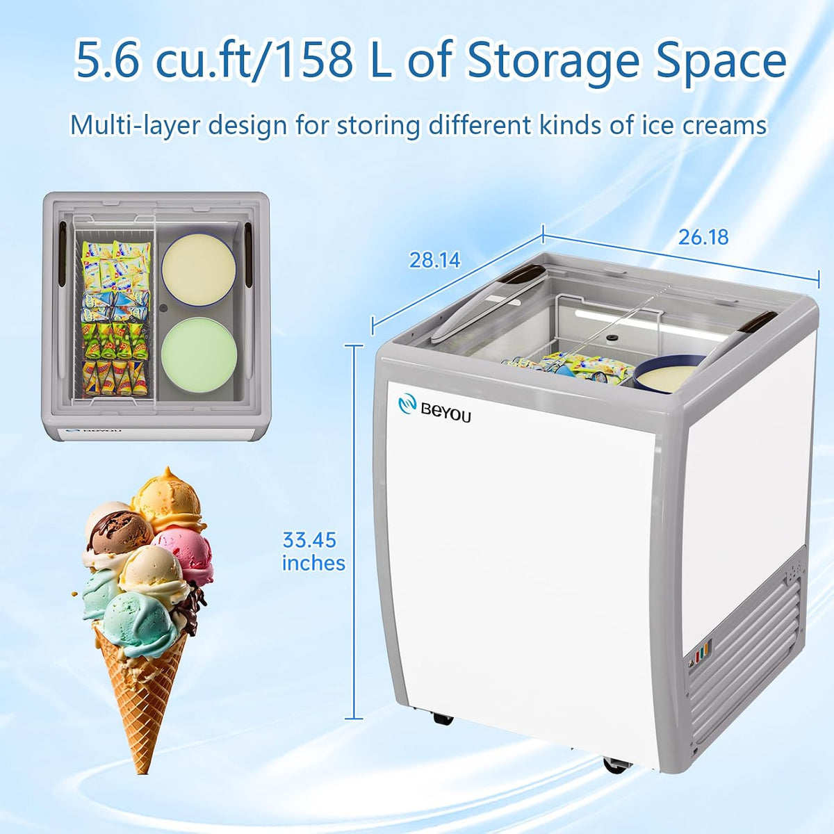 Commercial Ice Cream Freezers with Display Glass Top 5.6 Cu.ft