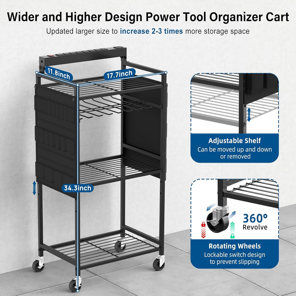 Garage Large Power Tool Organizer Cart with 8 Outlet 3 USB Charging Station, Floor Rolling Drill and Tools Battery