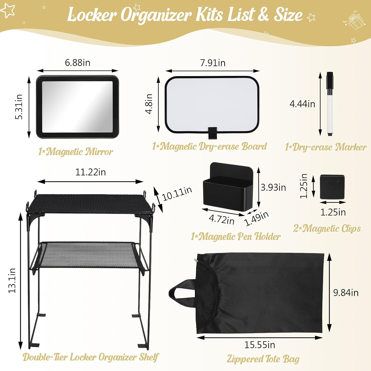 Black 2-Tier Locker Organizer Shelf Locker Accessories Kit, Metal Vertical Storage Rack with Magnetic Mirror