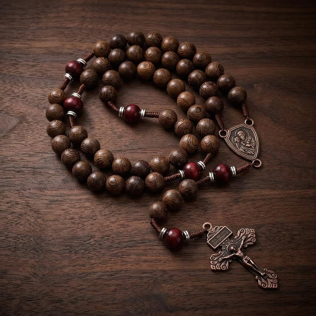 Nazareth Store Handcrafted Wooden Catholic Rosary Necklace with Antique Medal & Crucifix Cross Christian Prayer Beads