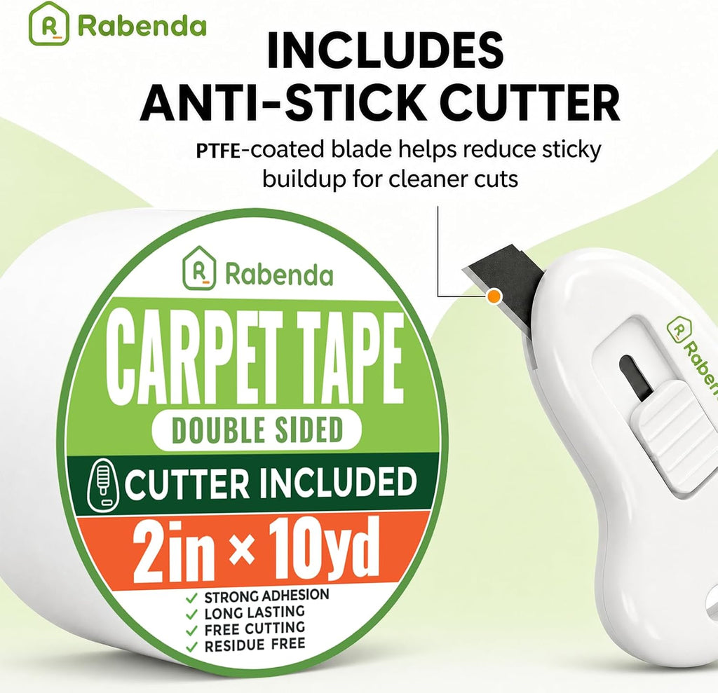 Double Sided Carpet Tape for Area Rugs, Includes Anti Stick Cutter
