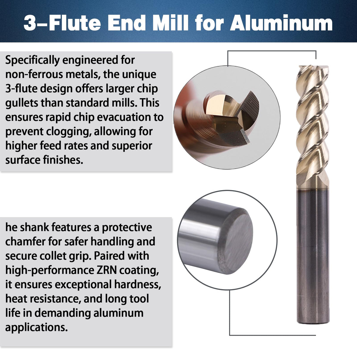 XYunEnZ 1/4" 3-Flute Square End Mill ZrN Coated Carbide, 5Pcs