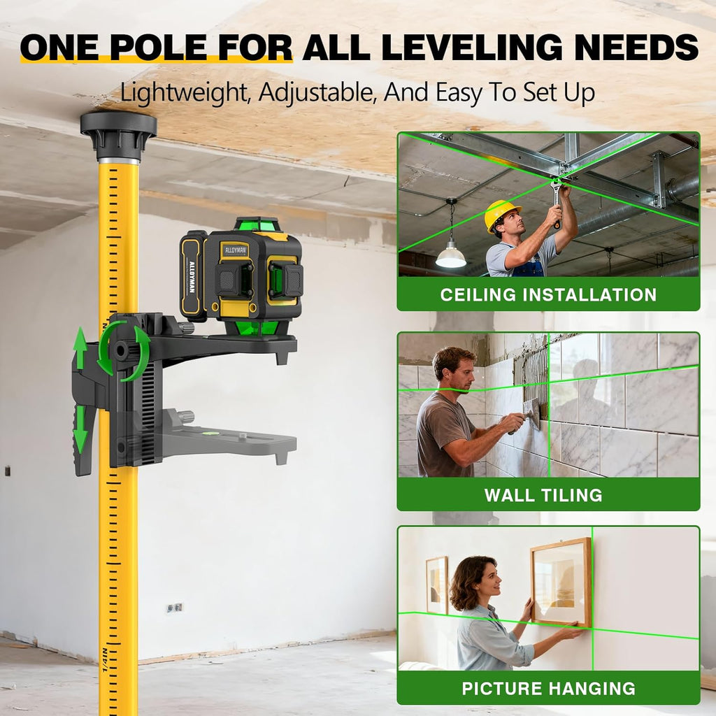4x360°Self Leveling Laser Level, 12 Ft./3.7M Professional Laser Level Pole with Tripod, Green Line Lazer Leveler Tool