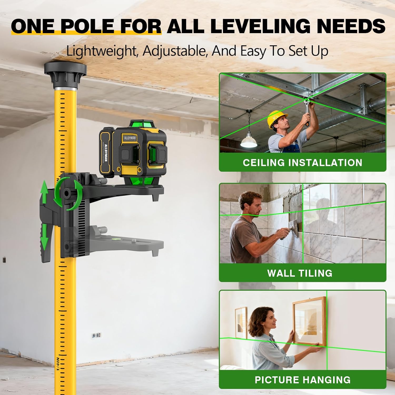 4x360°Self Leveling Laser Level, 12 Ft./3.7M Professional Laser Level Pole with Tripod, Green Line Lazer Leveler Tool