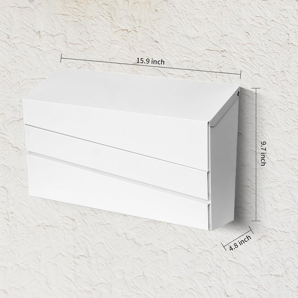Wall-Mount Mailbox White | No Lock Rust-Resistant Large Capacity Mailbox, Modern Drop Mailboxes for Outside