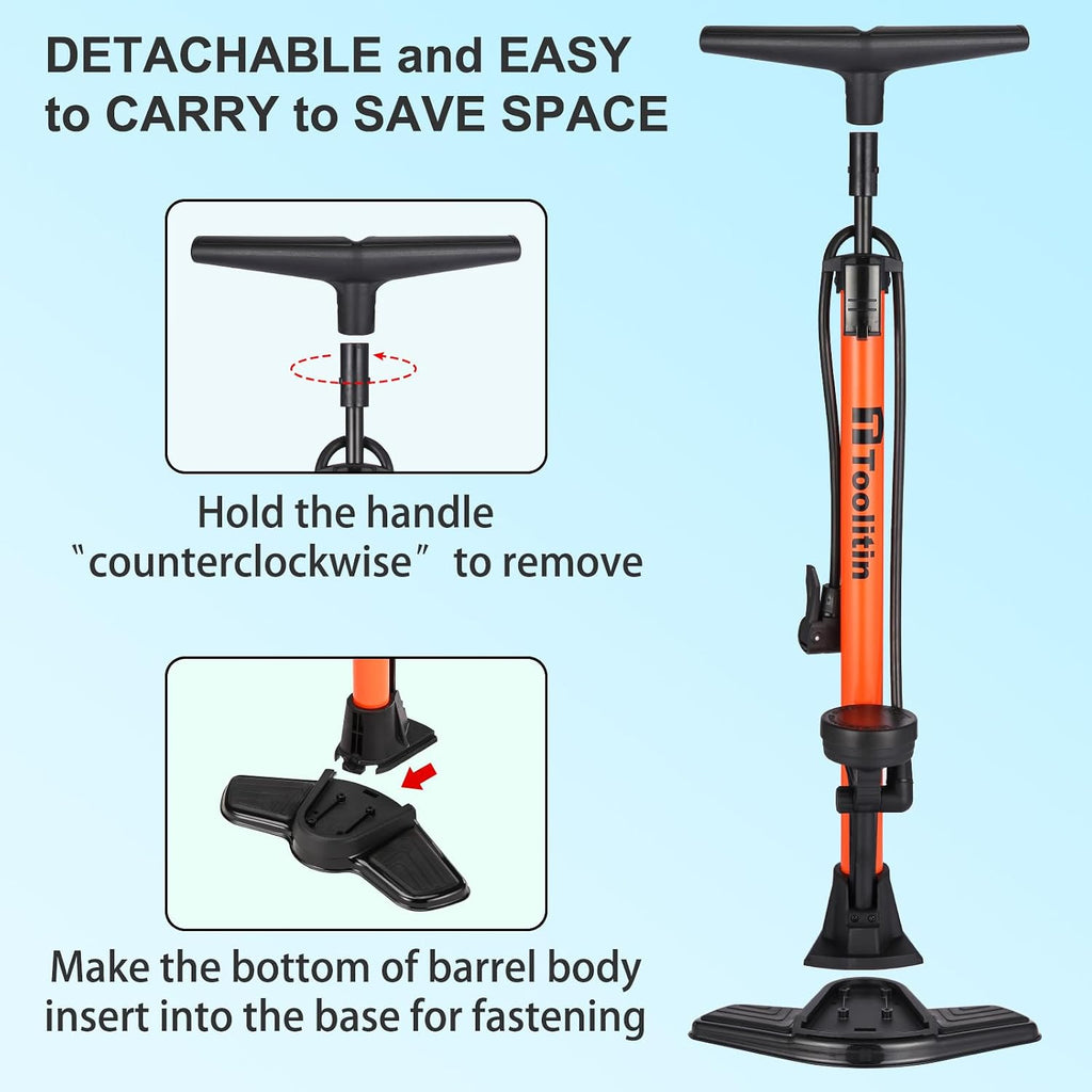 Floor Bike Pump with Gauge,High Pressure,Bicycle Pump Compatible with Presta and Schrader Valve,Bike Tire Pump for