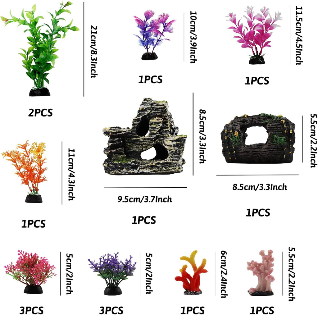 Fish Tank Decorations Plants with Resin Broken Barrel and Cave Rock View, 15pcs Aquarium Decorations Plants