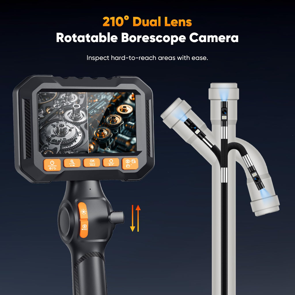 0.16-Inch Articulating Borescope Camera with Light, Dual-Lens, Split Screen