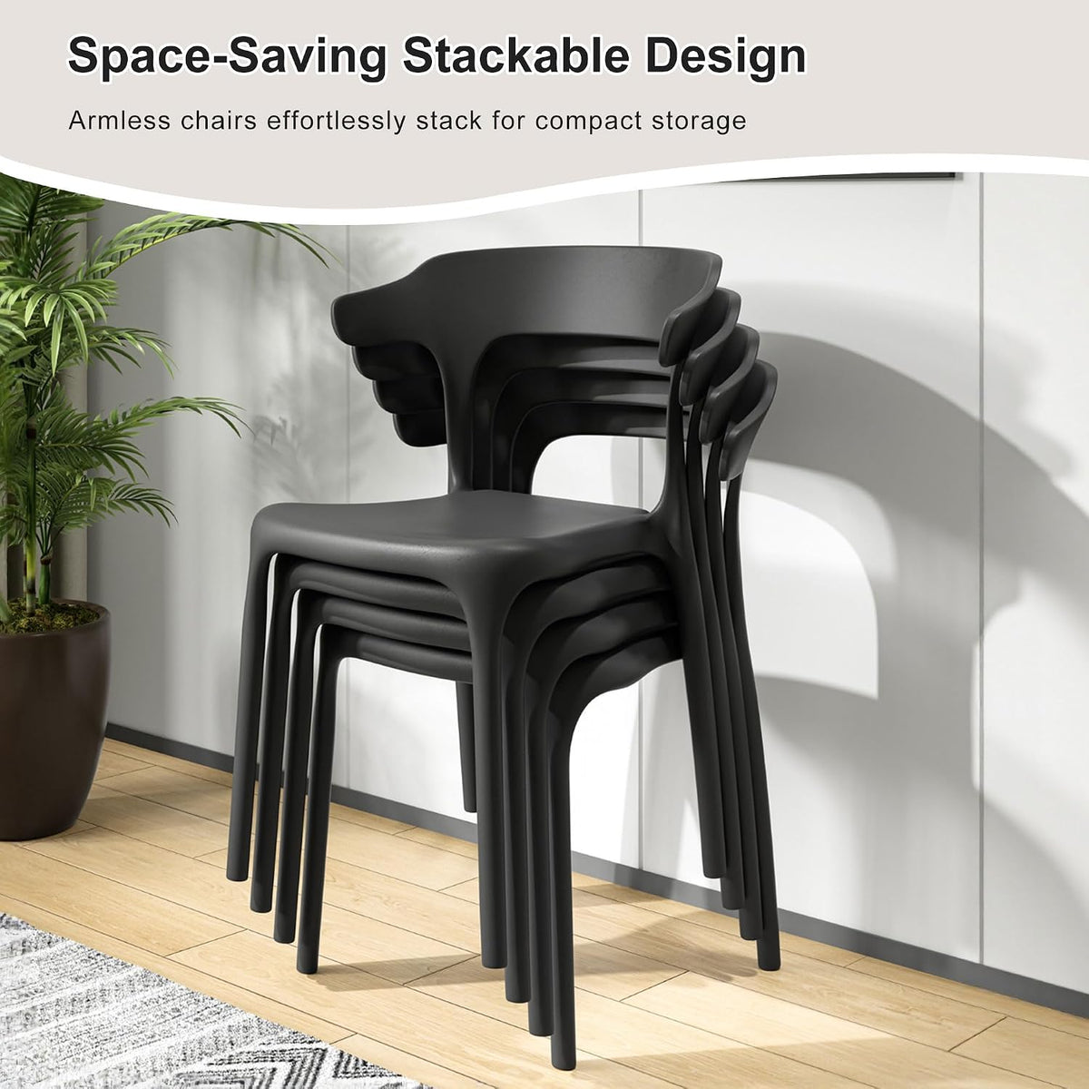 4 Pack Plastic Stacking Chairs, Stackable Dining Chairs for Kitchen Patio, Portable Indoor Outdoor Use, No Assembly