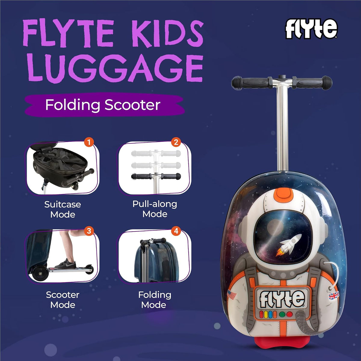 Scooter Suitcase Folding Kids Luggage – Sammie the Spaceman, 18 Inch Hardshell, Ride On with Wheels, 2-in-1, 25 Litre