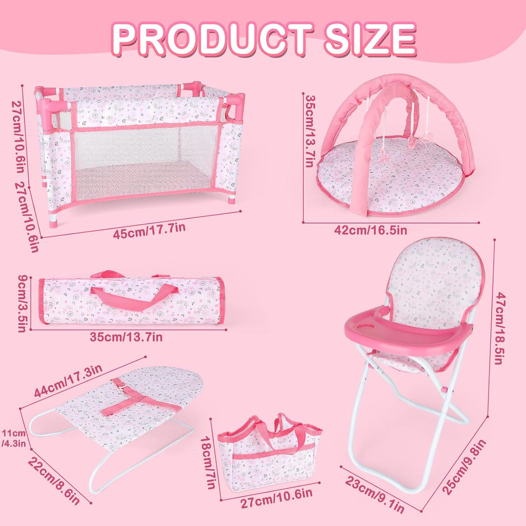 Baby Doll Accessories12-14 Doll Playset with High Chair Crib Bed Play Mat Storage Bag Handbag - 6 in 1 Pink Dolls