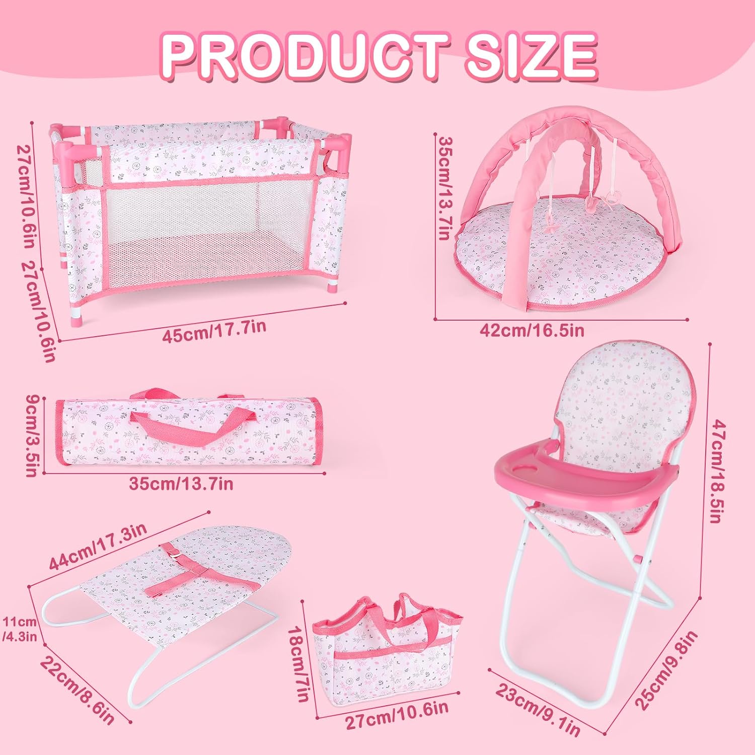 Baby Doll Accessories12-14 Doll Playset with High Chair Crib Bed Play Mat Storage Bag Handbag - 6 in 1 Pink Dolls