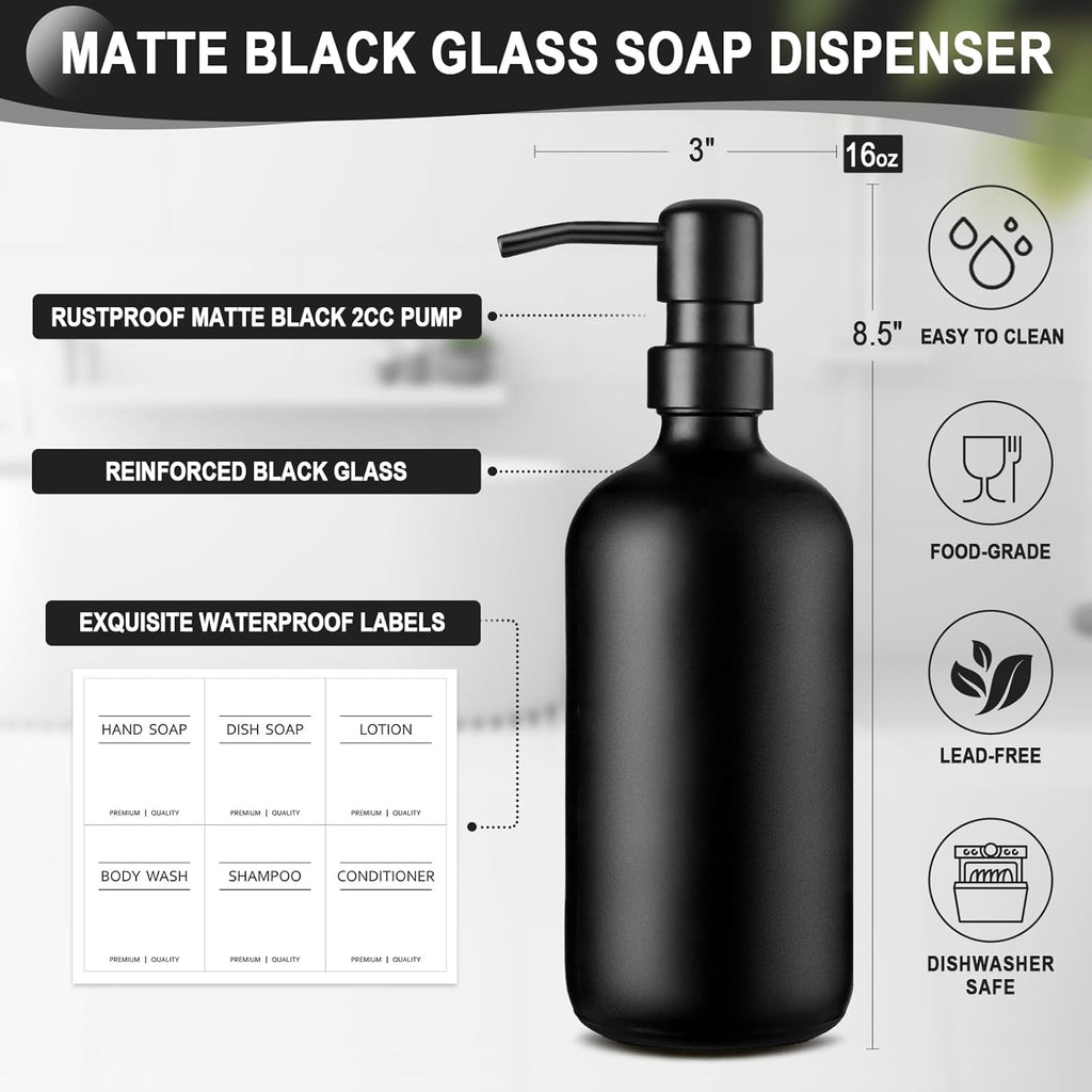Dish Soap Dispenser for Kitchen, Black Hand Soap Dispenser with Stainless Steel Pump, Kitchen Soap Dispenser Set with