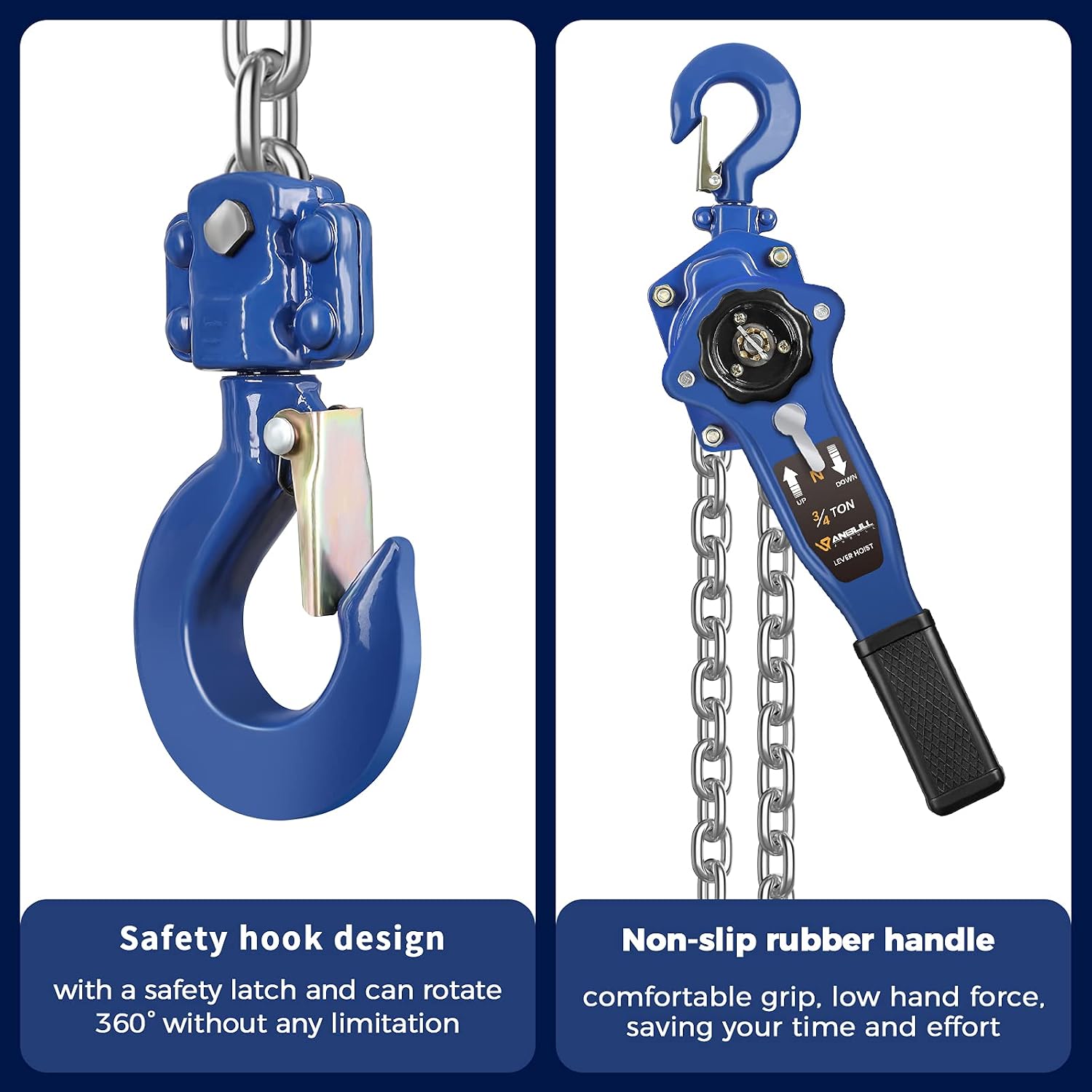 3/4 Ton Lever Chain Hoist,1650 LBS Capacity,5 FT Manual Ratchet Puller | Manual Chain Hoist with G80 Galvanized Chain