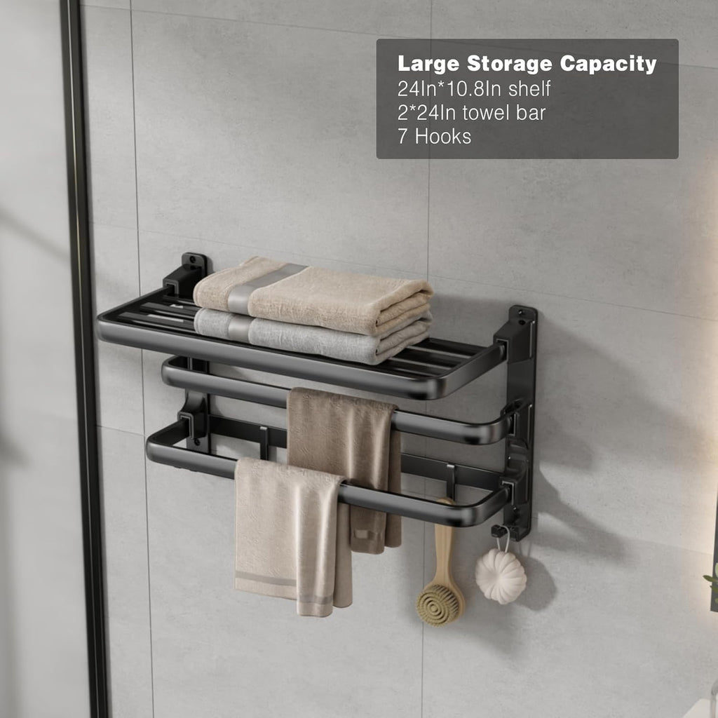 24-Inch Towel Rack,Bathroom Towel Shelf with 2 Towel Bar Foldable Towel Holder with 7 Hooks Towel Storage Organizer
