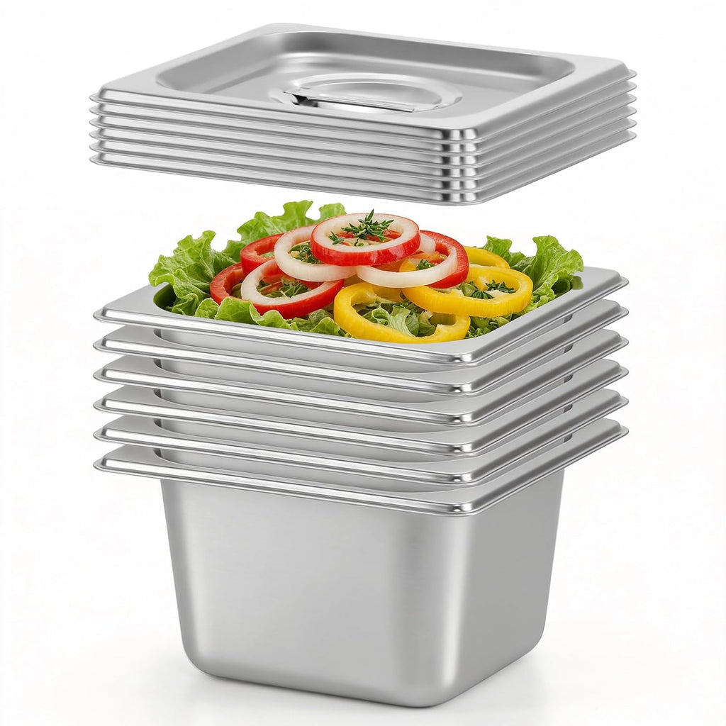 Hotel Pans with Lid 1/6 Size Pans 4 Inch Deep 6 Pack Food Pans