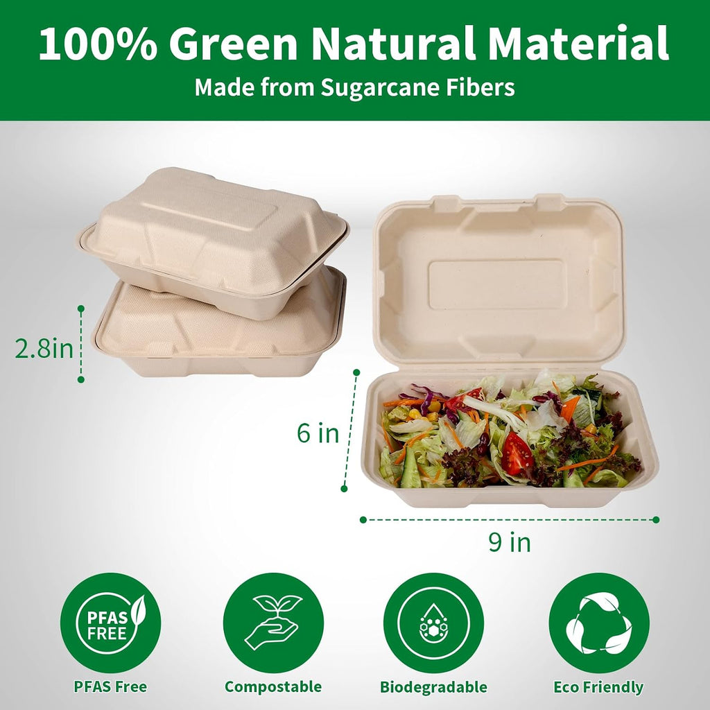 Disposable 100 Pack 9×6 Inch Takeout Lunch Box Containers with Lids