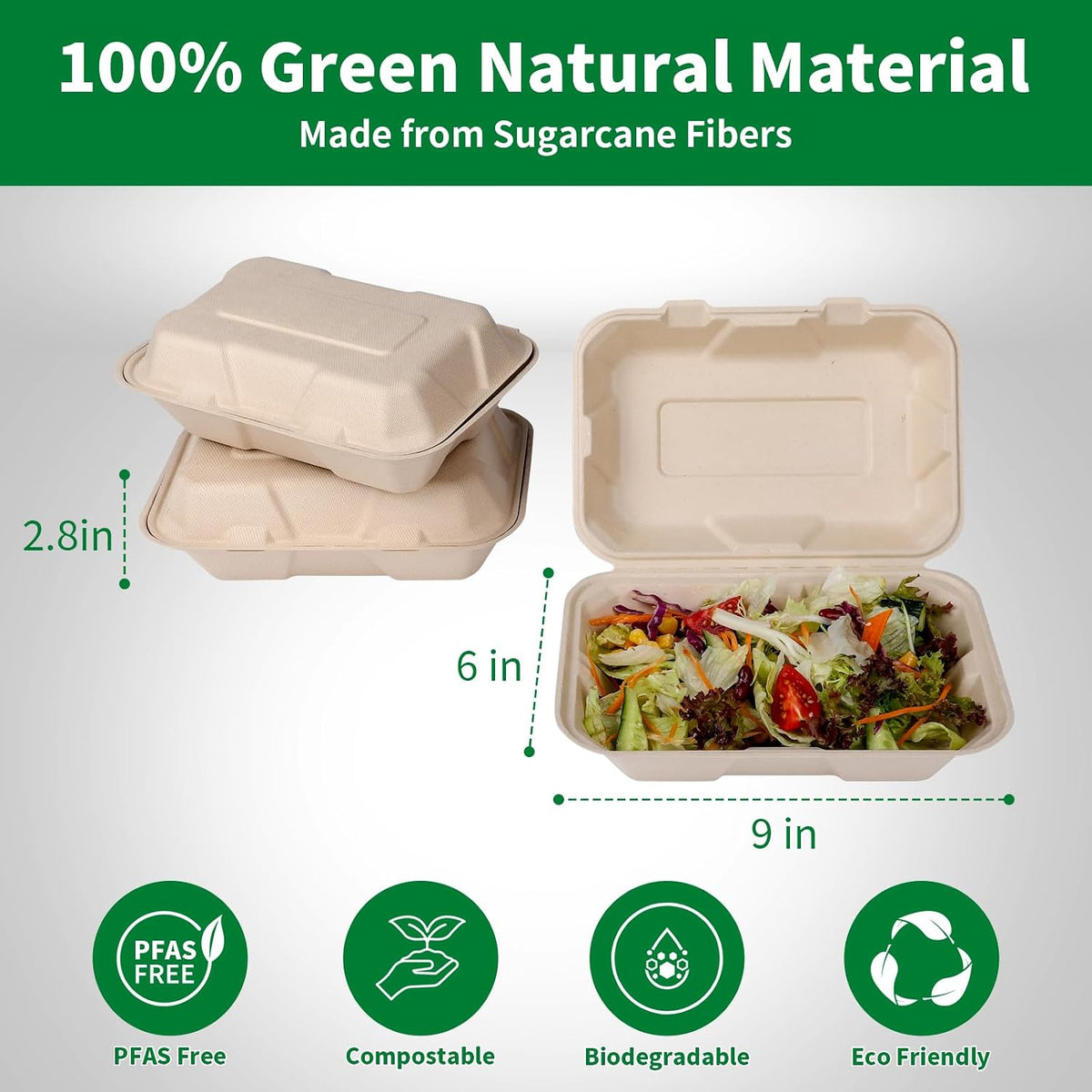 Disposable 50 Pack 9×6 Inch Take Out Lunch Box Containers with Lids