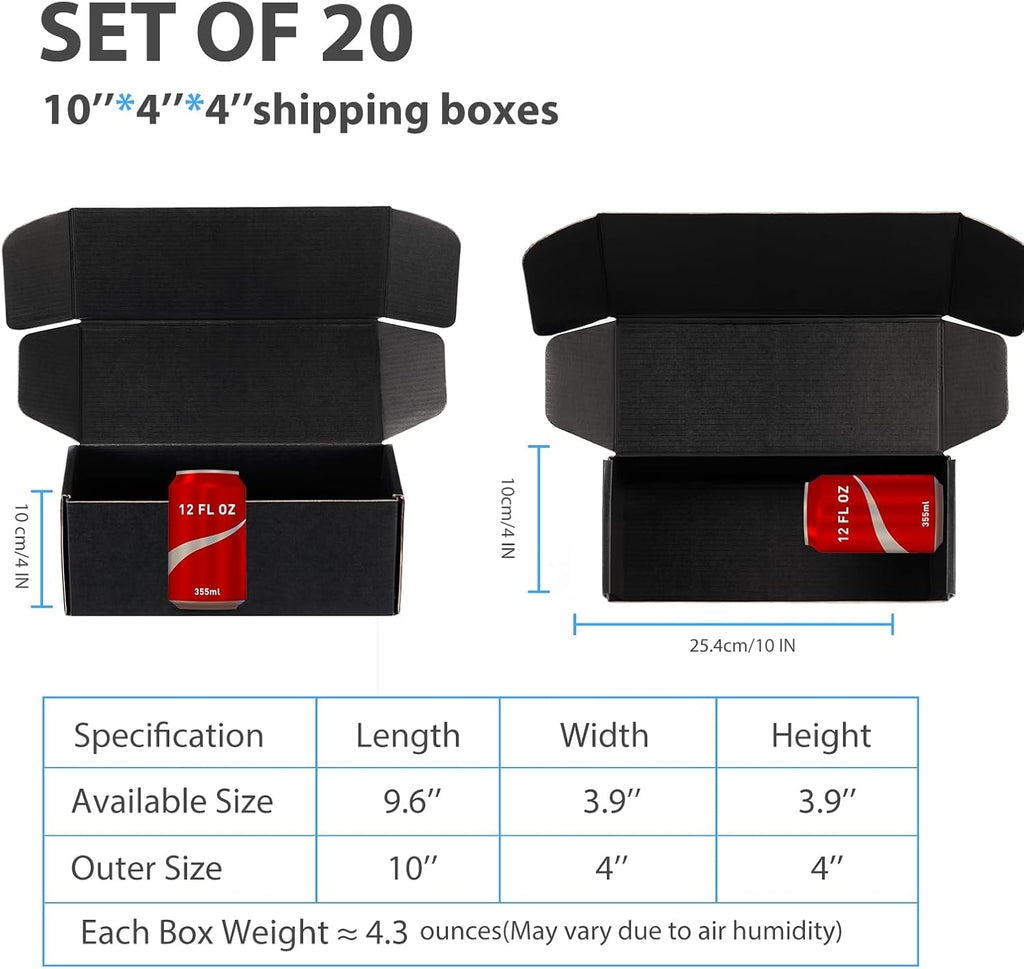 Black Shipping Boxes 10x4x4 Inches, 20 Pack