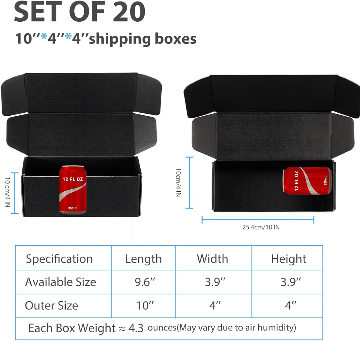 Black Shipping Boxes 10x4x4 Inches, 20 Pack