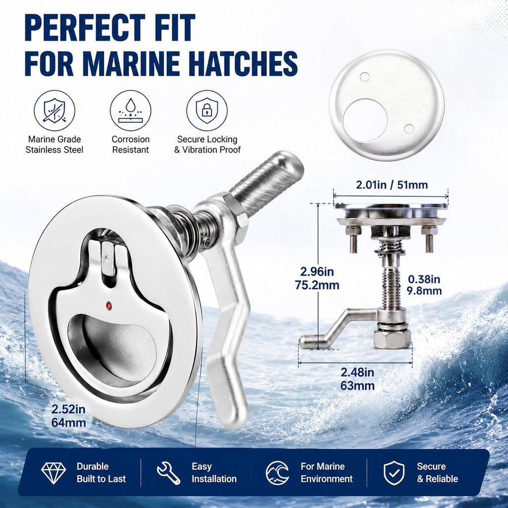 Boat Cam Latch, Marine 316 Stainless Steel Boat Hatch Latch, Flush Hatch Pull with Back Plate & Adjustable Cam, Flush Mount Marine Hardware for Ships, Yacht, Deck, RVs