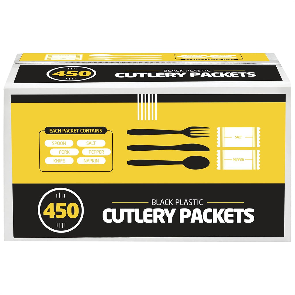 450 Plastic Cutlery Packets - Knife Fork Spoon Napkin Salt Pepper Sets | Black Silverware Individually Wrapped, Bulk
