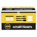 450 Plastic Cutlery Packets - Knife Fork Spoon Napkin Salt Pepper Sets | Black Silverware Individually Wrapped, Bulk