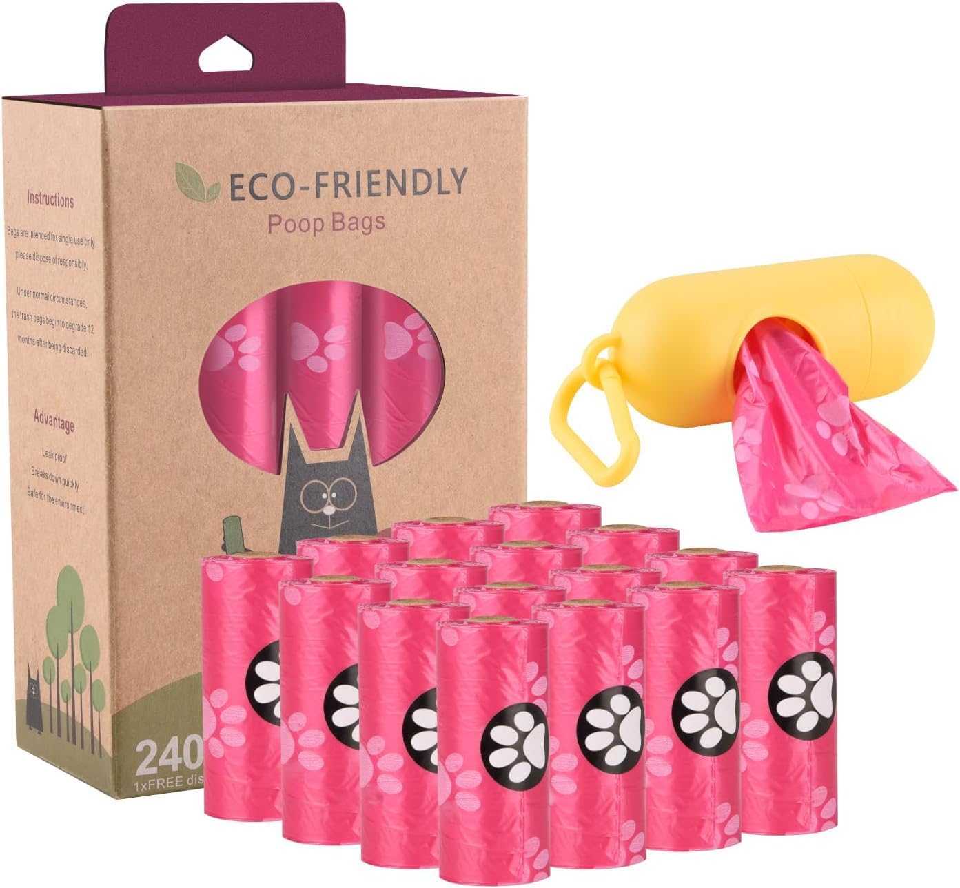 Biodegradable Dog Poo Bags with Holder-240 Large Poop Bags, Corn Starch Blended Compostable Bag, Extra Thick Strong