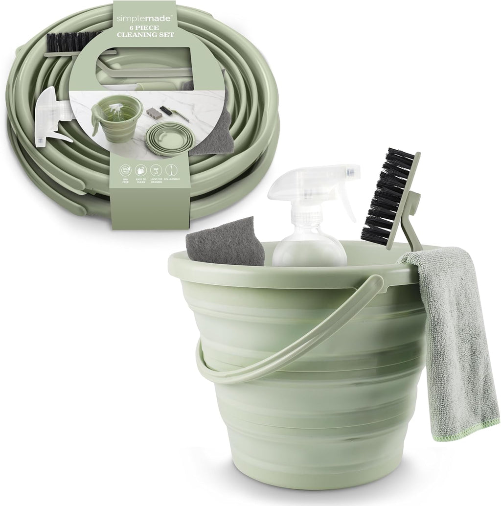 Collapsible Bucket Cleaning Set - Includes 2 Foldable Buckets, Spray Bottle, Rag, Scrubbing Brush and Sponge - Holds