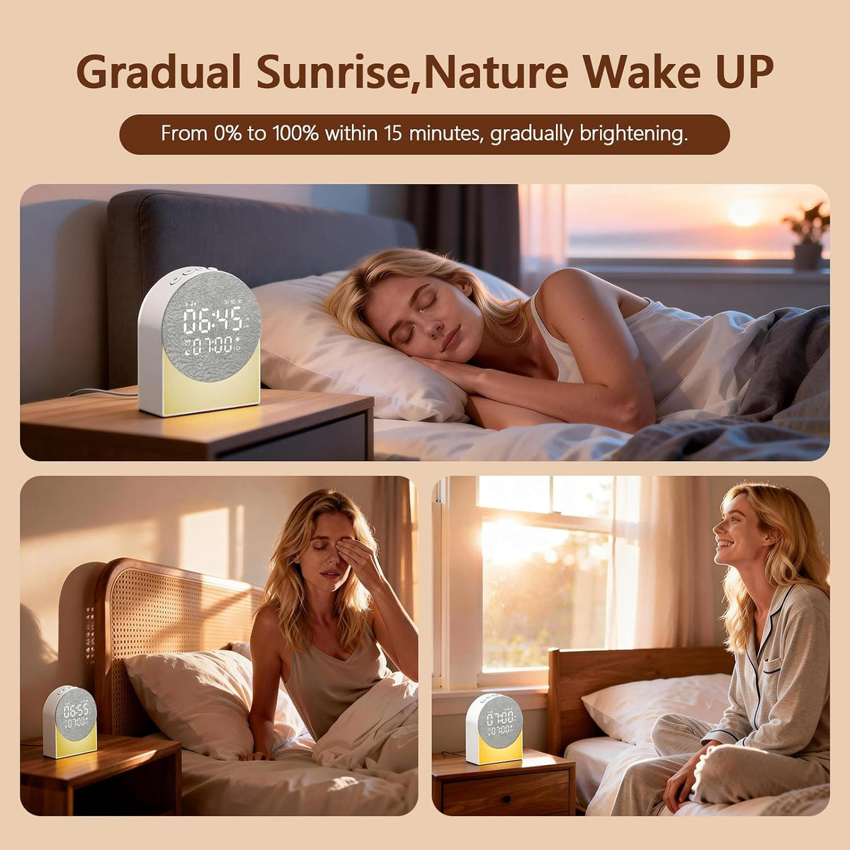 Sunrise Alarm Clock White Noise Sound Machine Night Light, Sound Machine with Speakers Bluetooth Wireless Timer