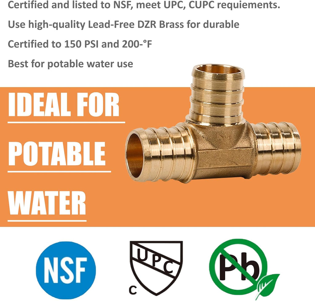 2 Pack PEX Fittings 3/4" PEX Crimp Brass Tee for Potable Water Distribution and Hydronic Heating